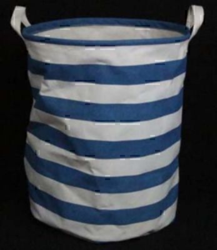 Collapsible Laundry Basket by Gisela Graham. Made from blue and whites stripped fabric this collapsible laundry basket by the designer Gisela Graham would make a useful addition to a beach or sea themed room or bathroom. Size 36x40cm